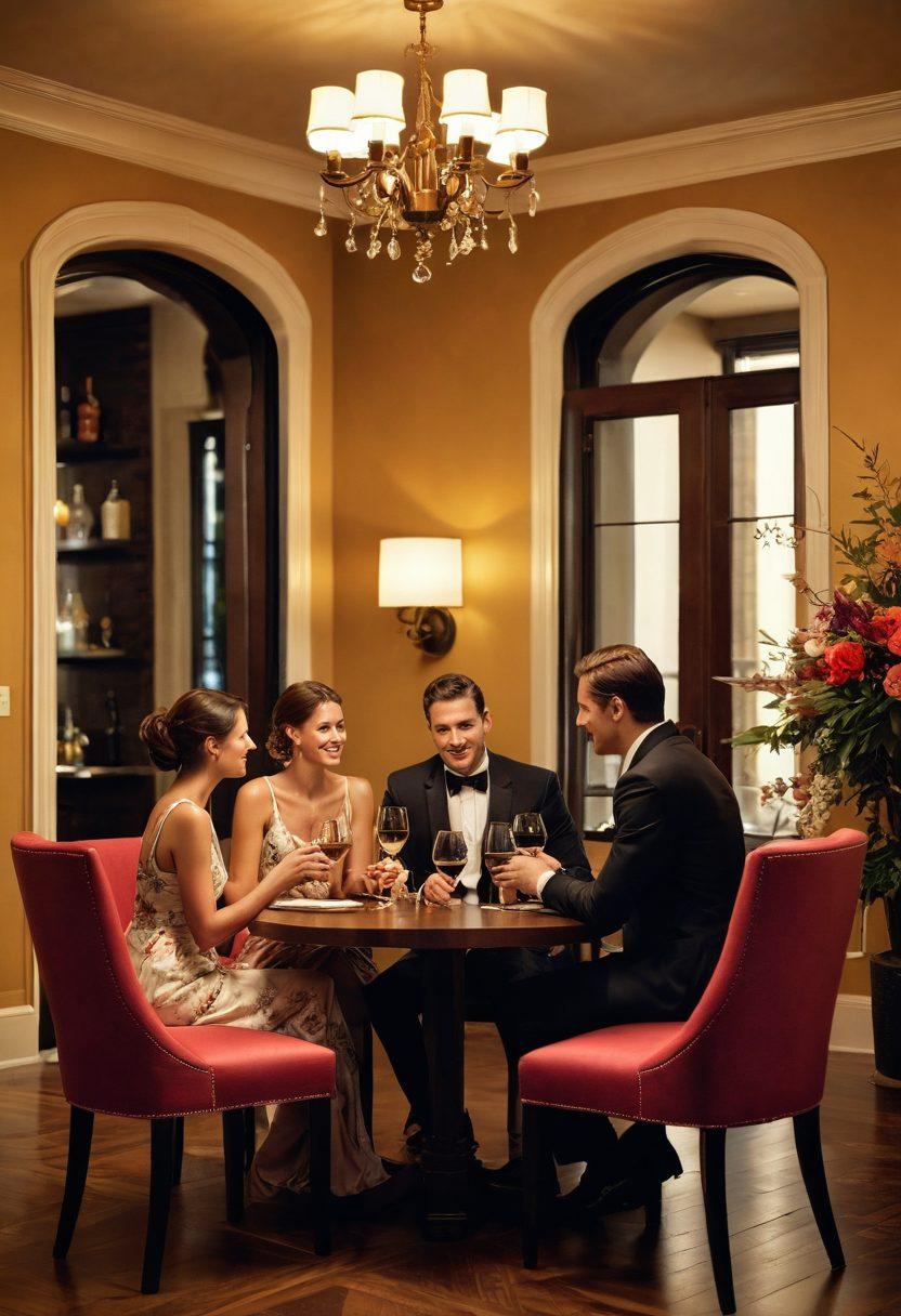 A captivating scene depicting a lively couple engaging in an intimate but respectful conversation with another couple in a cozy, upscale setting. The atmosphere should exude warmth and openness, with soft lighting that adds to the inviting ambiance. Include subtle symbols of connection, like intertwined hands or a shared glass of wine, to convey trust and intimacy. Floral decorations and a hint of sensuality in the decor will enhance the theme. super-realistic. vibrant colors. cozy environment.