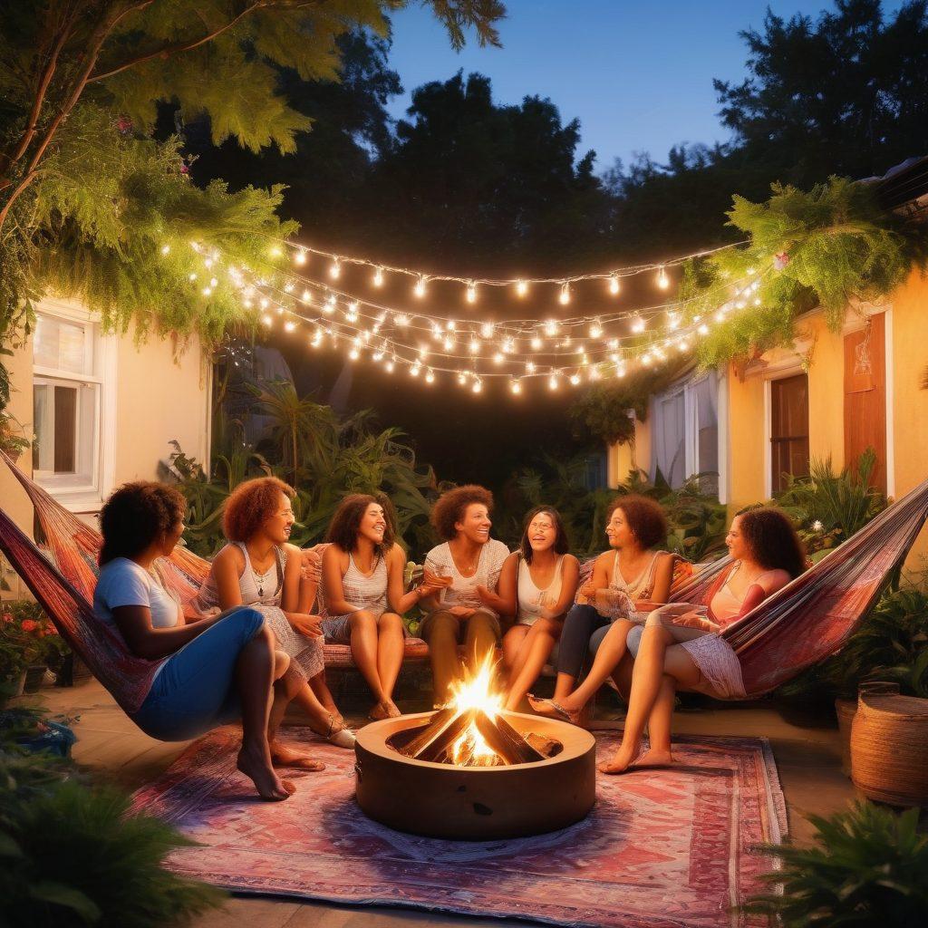 A vibrant, welcoming scene depicting a diverse group of people laughing and engaging in conversation at a cozy, outdoor gathering surrounded by lush greenery. Showcase colorful decorations with playful patterns, symbolizing joy and openness in alternative lifestyles. Include elements like hammocks, fairy lights, and an inviting bonfire, emphasizing a sense of connection and community. Capture a warm sunset to enhance the atmosphere. super-realistic. vibrant colors. outdoor setting.