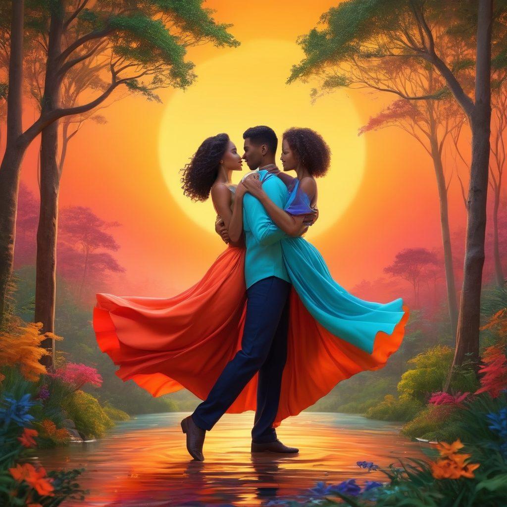 A vibrant, abstract representation of two couples experiencing connection and adventure, intertwined in a dance that symbolizes trust and exploration. The background features elements of nature, like a sunset or a forest, to evoke a sense of intimacy and freedom. Use warm colors to convey passion and openness, blending scenes of joy and collaboration. The couples should represent diversity in ethnicity and gender, celebrating love in its various forms. surrealistic. vivid colors. 3D.